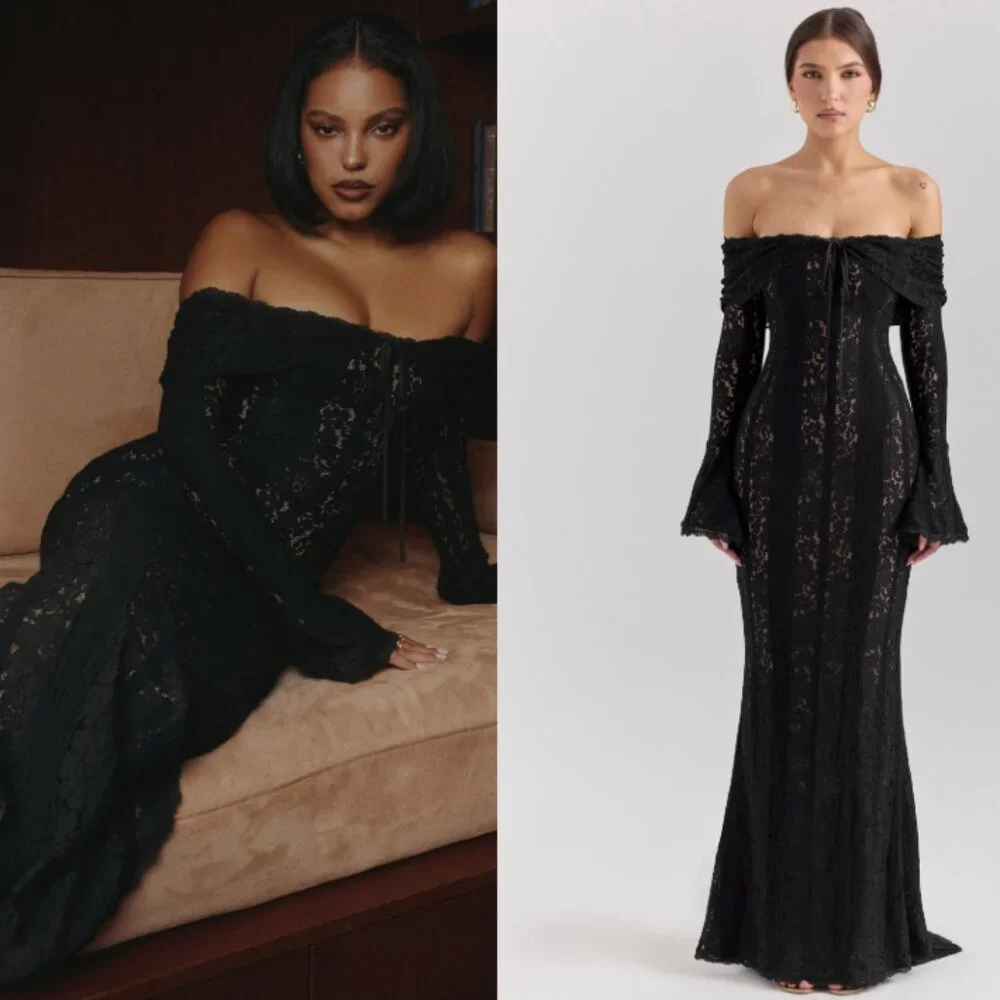 House OF CB Belle Off-Shoulder Lace Maxi Dress - Black